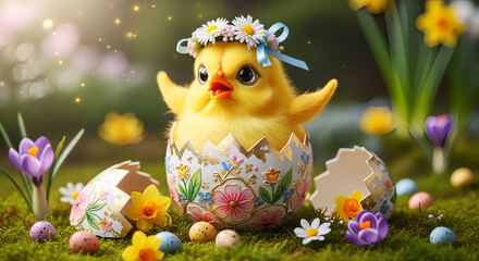 easter chick and easter eggs