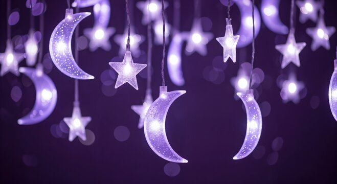 Glowing purple crescent moon and star string lights creating a magical bokeh effect against a dark background, perfect for festive decorations or dreamy ambiance.