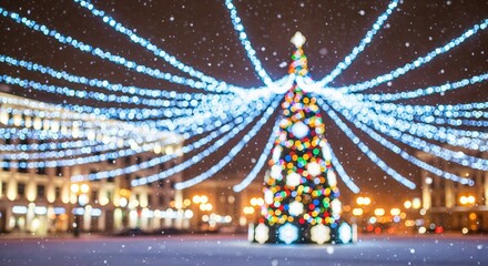 Blurred Christmas tree with colorful lights and blue string lights in a snowy city square at night, creating a festive holiday bokeh background.