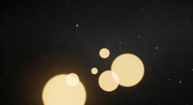 Abstract dark background with glowing yellow bokeh circles and scattered star-like lights, creating a dreamy and ethereal atmosphere