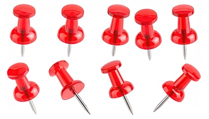 Group of red, plastic-topped pushpins isolated on white