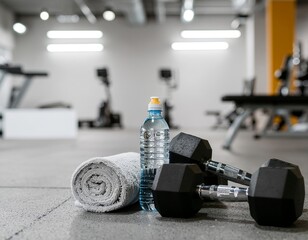 Dumbbells on the floor in a concept fitness room with exercise equipment behind.