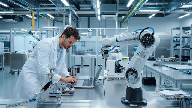 Man in lab with robotic arm