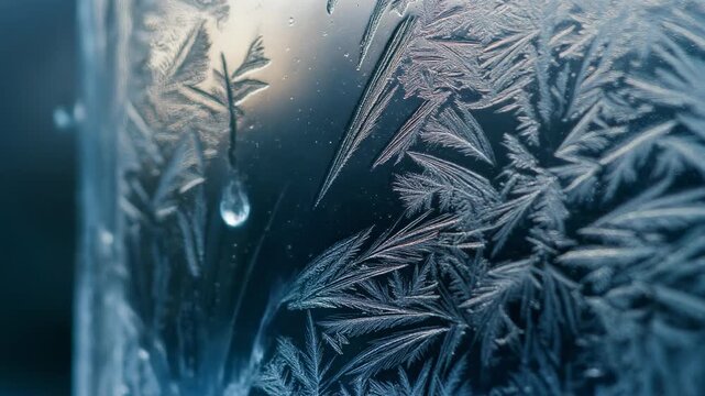 Intrincados patrones de escarcha cristalina formados en una superficie de vidrio con una gota de agua.