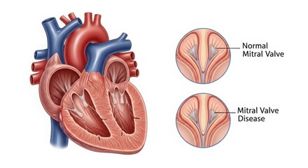 Detailed human heart anatomy and mitral valve disease comparison image illustration