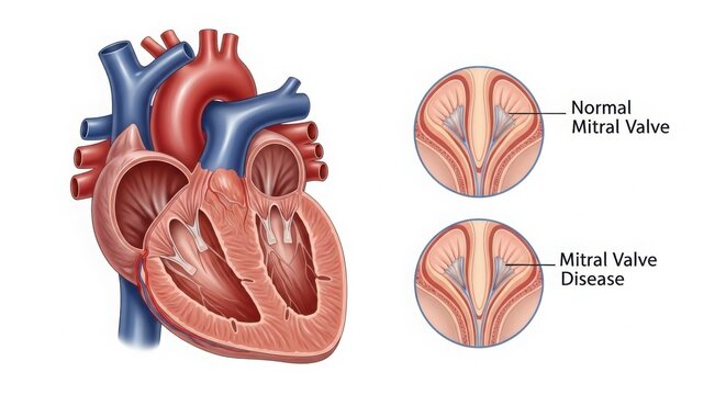 Detailed human heart anatomy and mitral valve disease comparison image illustration
