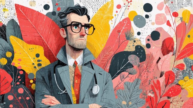 A concerned male doctor with a stethoscope around his neck stands with his arms crossed amidst a vibrant, abstract botanical background. - Powered by Adobe