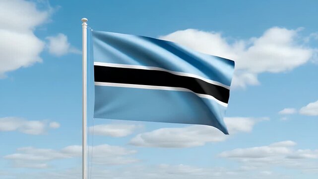 Botswana flag waving proudly against a backdrop of fluffy clouds and bright blue sky, showcasing national pride and identity