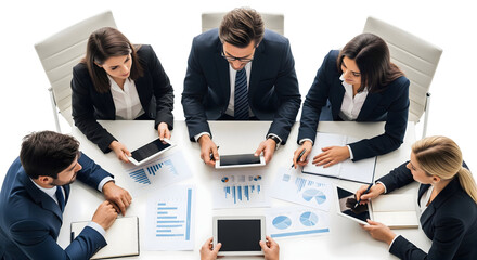 A diverse group of professionals are working together, engaged in a collaborative project using various digital devices. The setting indicates a modern and productive business environment.