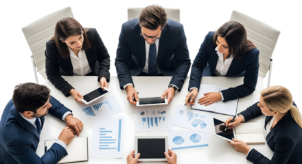 A diverse group of professionals are working together, engaged in a collaborative project using various digital devices. The setting indicates a modern and productive business environment.