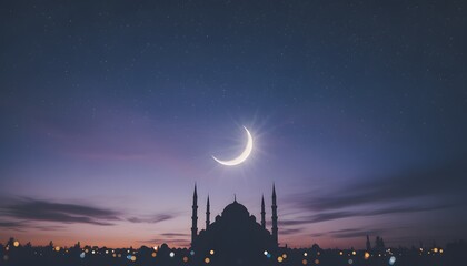 Ramadan crescent moon over mosque at twilight with city skyline silhouette