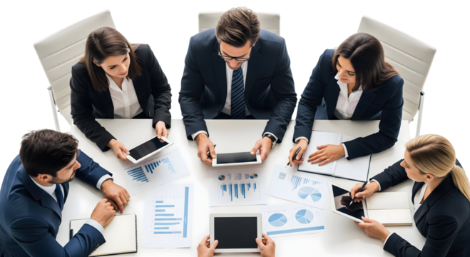 A diverse group of professionals are working together, engaged in a collaborative project using various digital devices. The setting indicates a modern and productive business environment.