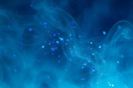 Abstract blue glowing particles suspended in fluid with smoky swirls on dark background, concept of energy or molecular activity