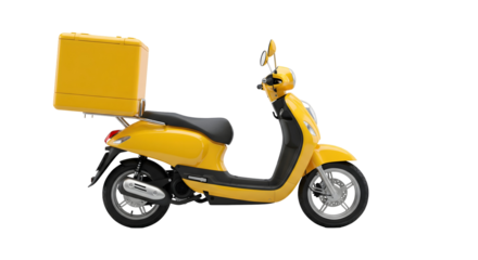 A vibrant yellow scooter with a storage box, ready for deliveries or errands. The scooter is bright and modern, showcasing a practical design, isolated on transparent background