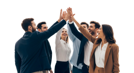 Group of colleagues high-fiving in a gesture of unity and celebration. Expressing joy and teamwork, a symbol of success, isolated on transparent background