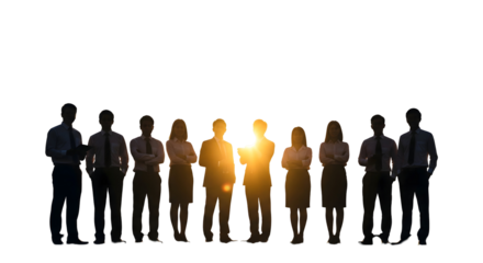 A diverse business team standing in silhouette against the sun, isolated on transparent background