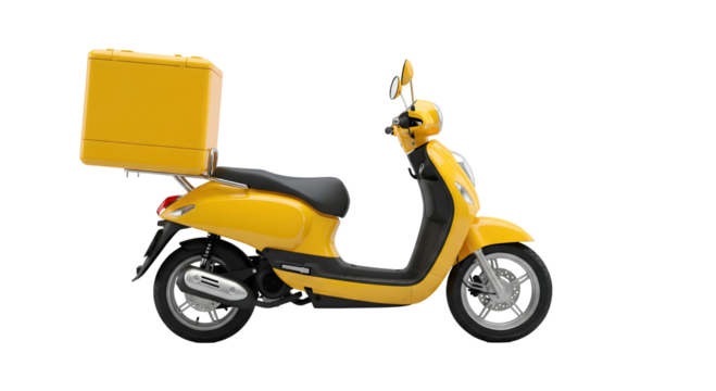 A vibrant yellow scooter with a storage box, ready for deliveries or errands. The scooter is bright and modern, showcasing a practical design, isolated on transparent background