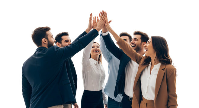 Group of colleagues high-fiving in a gesture of unity and celebration. Expressing joy and teamwork, a symbol of success, isolated on transparent background