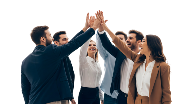 Group of colleagues high-fiving in a gesture of unity and celebration. Expressing joy and teamwork, a symbol of success, isolated on transparent background