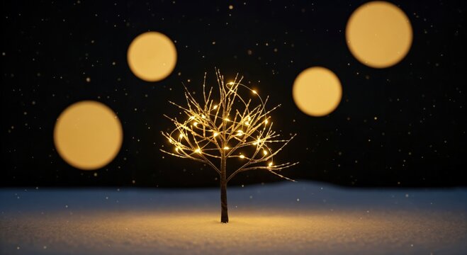 Festive glowing light tree in a peaceful winter wonderland scene with sparkling snow and warm golden bokeh lights under a dark night sky.