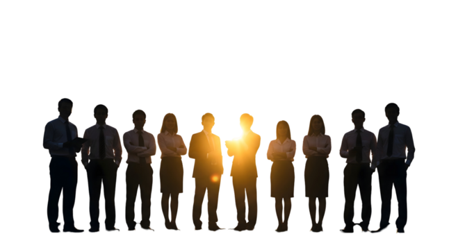 A diverse business team standing in silhouette against the sun, isolated on transparent background