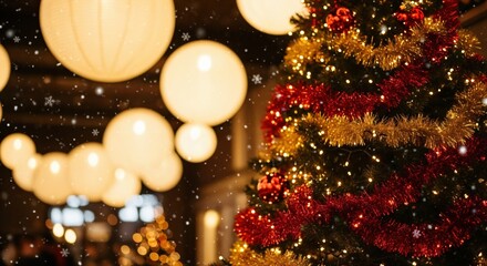 Festive Christmas tree adorned with red and gold tinsel and bright lights, set against a backdrop of blurred glowing spherical lanterns and falling snowflakes
