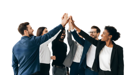 High-five team celebrating the success of the project. Teamwork and collaboration concept, isolated on transparent background