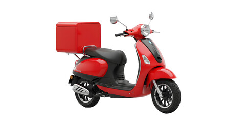 A red scooter with a storage box on a white background, symbolizing delivery and transportation, isolated on transparent background
