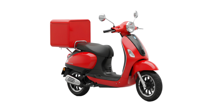 A red scooter with a storage box on a white background, symbolizing delivery and transportation, isolated on transparent background