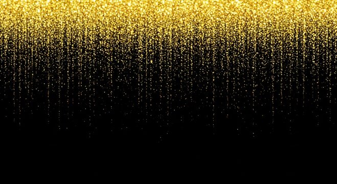 Golden glitter particles falling like rain against a dark black background, creating a shimmering and luxurious festive cascade effect.
