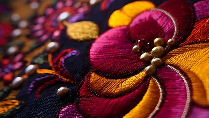 Detailed Macro Shot of Intricate Colorful Floral Embroidery Textile Artwork