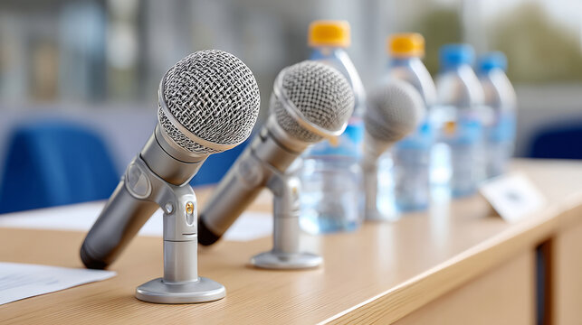 International sports journalist day celebration with microphones and bottled water