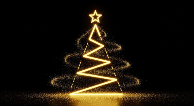 Elegant golden neon Christmas tree outline with a glowing star and shimmering particles on a dark background, perfect for festive holiday celebrations.