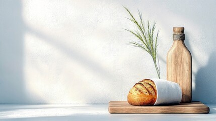 A rustic loaf of bread, partially wrapped in white cloth, sits on a wooden cutting board next to a wooden bottle and a stalk of wheat.