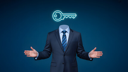 Unlock success with this professional businessman offering the key to opportunity and innovation in a modern business setting