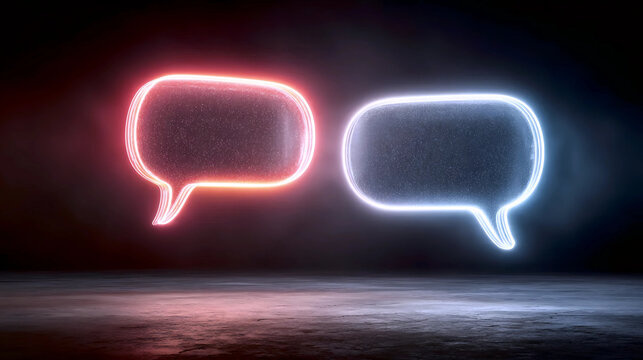 Glowing neon speech bubbles in dark room, Modern communication concept with neon signs, Pink and blue dialogue icons in neon light