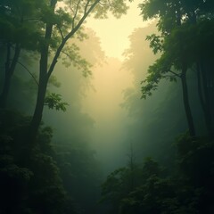Fototapeta premium Foggy Forest Scene with Green Trees