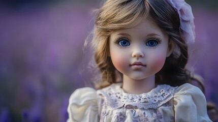 Closeup of a beautiful doll with blue eyes in a lavender field