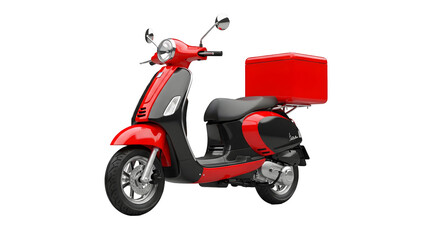 Obraz premium Red scooter with a delivery box on it, symbolizing fast and efficient transportation, isolated on transparent background