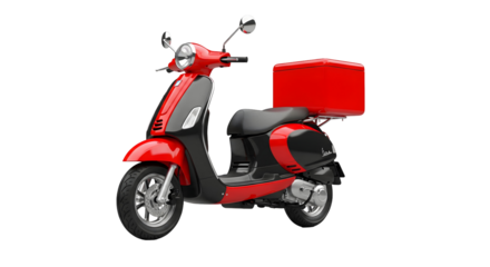 Red scooter with a delivery box on it, symbolizing fast and efficient transportation, isolated on transparent background