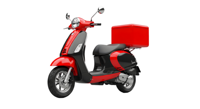 Red scooter with a delivery box on it, symbolizing fast and efficient transportation, isolated on transparent background