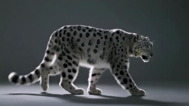 Leopardo de las nieves majestuoso caminando con elegancia en un estudio con iluminaci&oacute;n dram&aacute;tica.