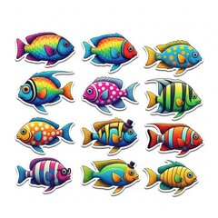 Naklejka premium Vibrant Fish Illustrations Featuring Colorful Patterns and Unique Designs