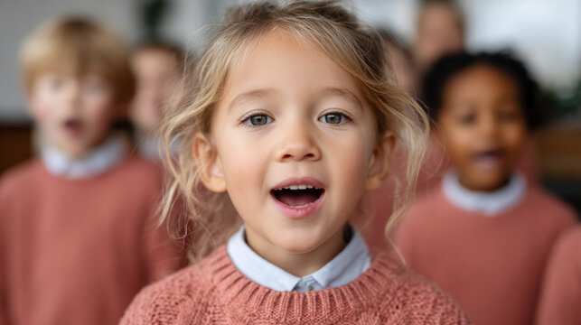 Joyful music class of diverse children singing in harmony