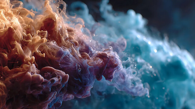 Cinematic cloud of colored smoke in motion, Abstract explosion of powder and mist, Dramatic smoke swirl in moody lighting
