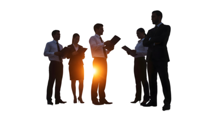 Silhouette of a diverse team in a business meeting, with bright sunlight, isolated on transparent background