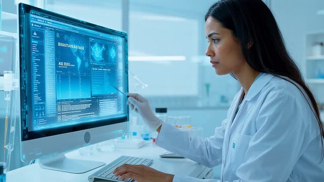 Woman in lab analyzing data on computer