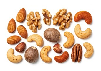 Assortment of healthy nuts and seeds isolated on white background