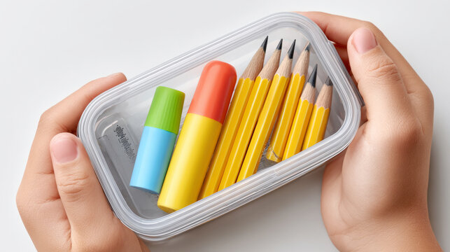 Back to school scene with pencils and erasers in plastic case for classroom supplies
