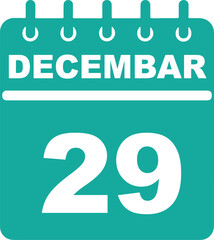 Decembar 29 Calendar Icon Design. Teal and White Vector illustrations. Appointment reminder, holiday, and scheduling graphic element, event planning, and festive